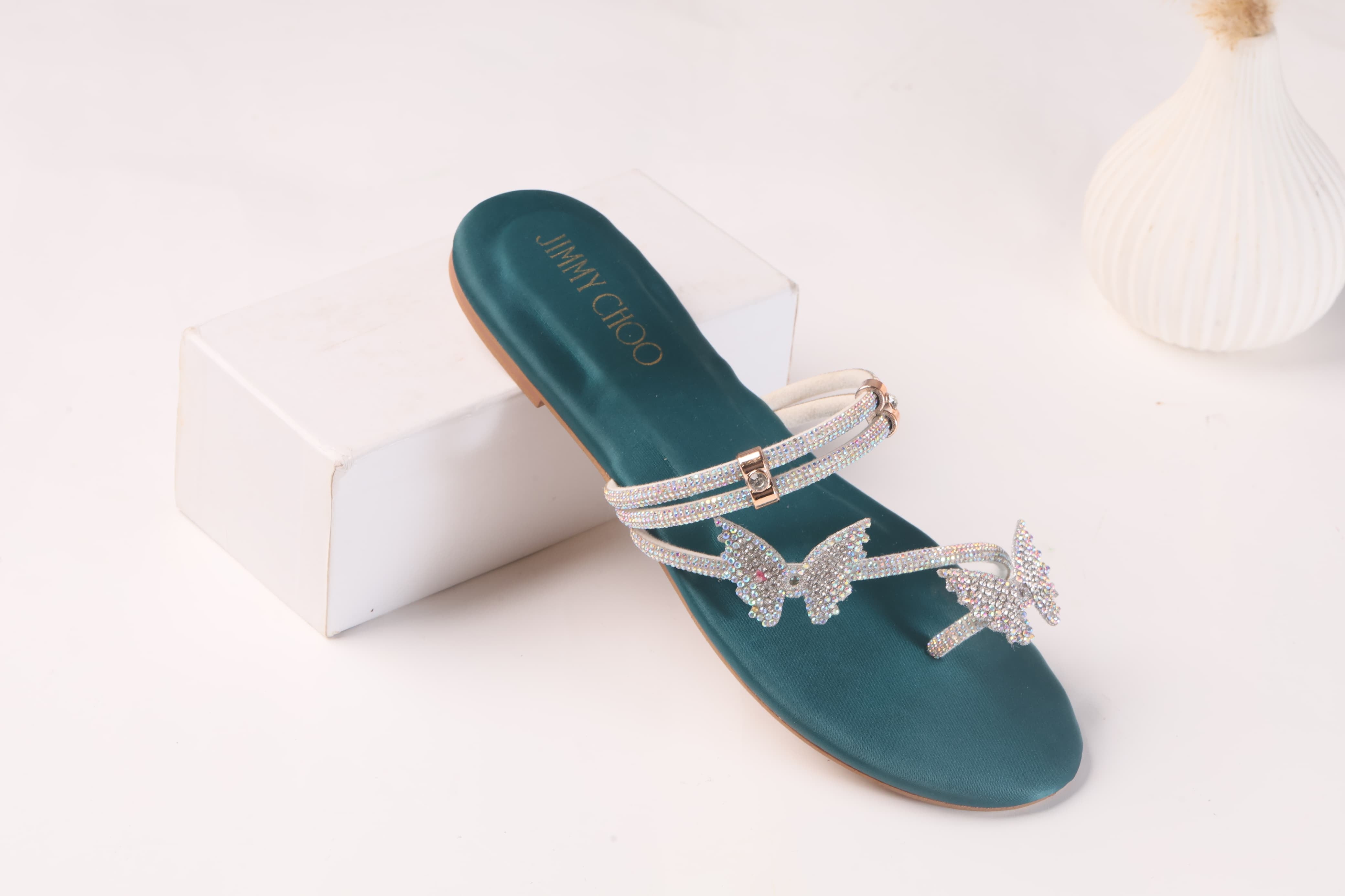 JIMMY CHOO MASH STRAP BUTTERFLY SLIPPERS - GREEN