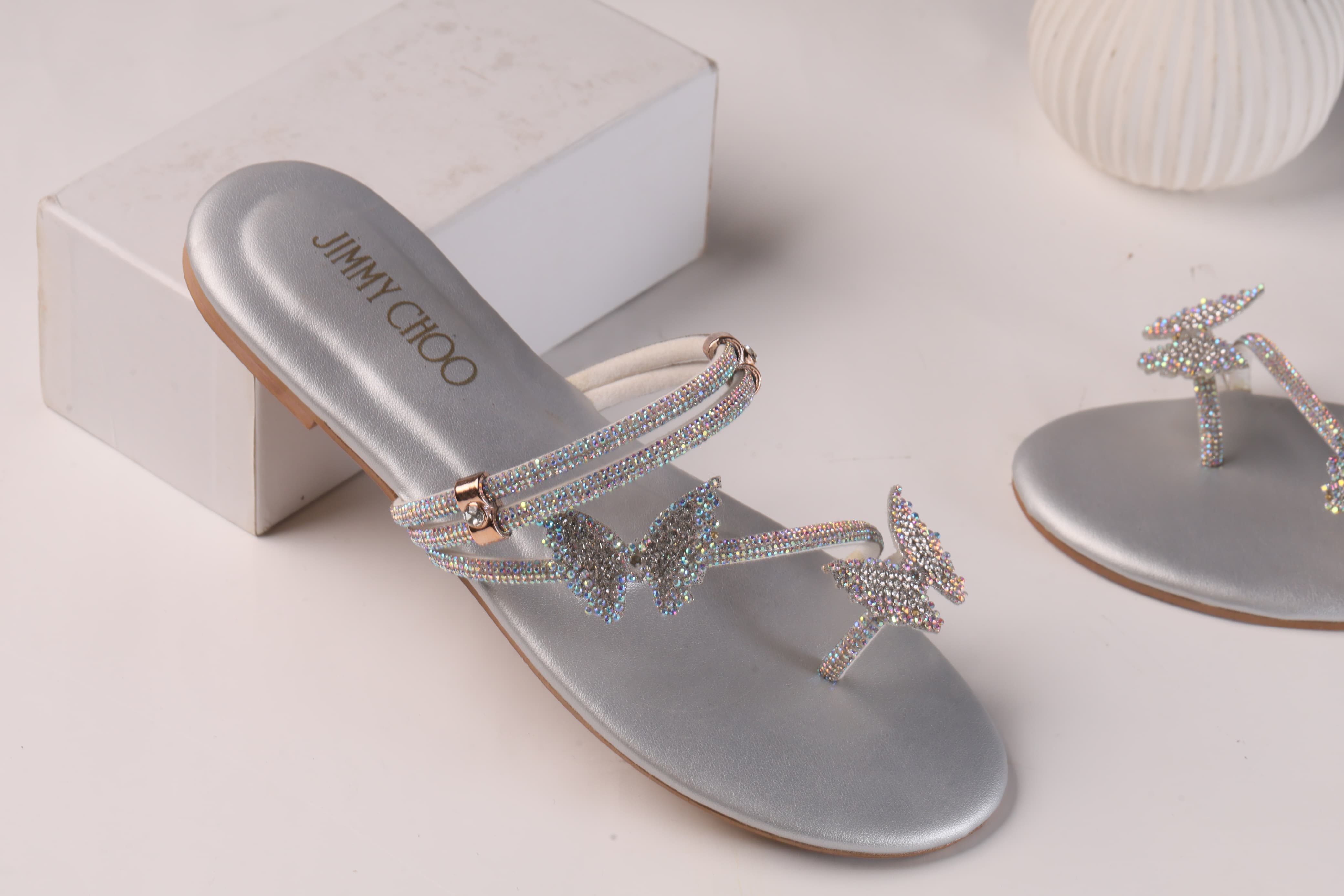 JIMMY CHOO MASH STRAP BUTTERFLY SLIPPERS - SILVER
