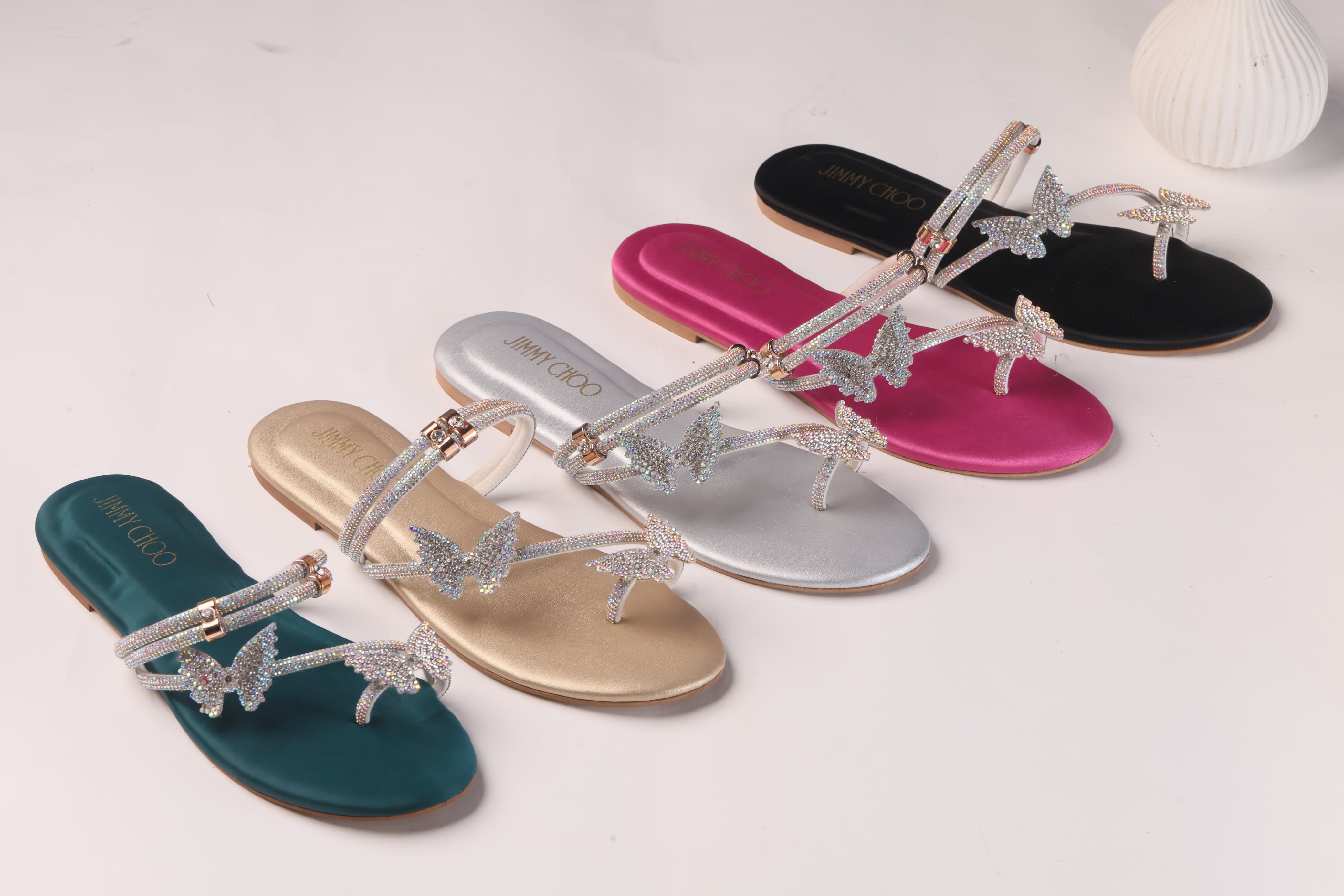 JIMMY CHOO MASH STRAP BUTTERFLY SLIPPERS - GREEN