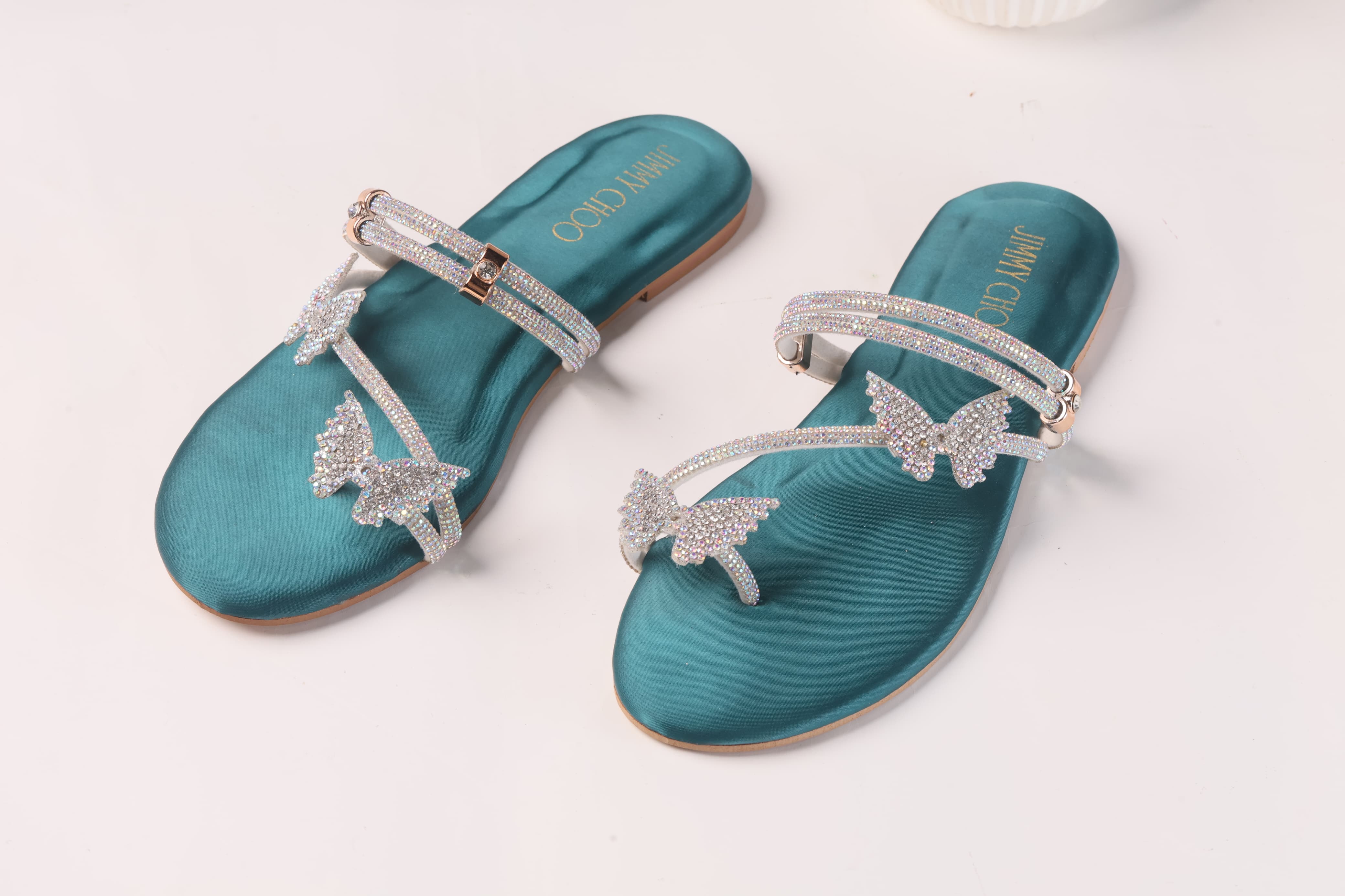 JIMMY CHOO MASH STRAP BUTTERFLY SLIPPERS - GREEN