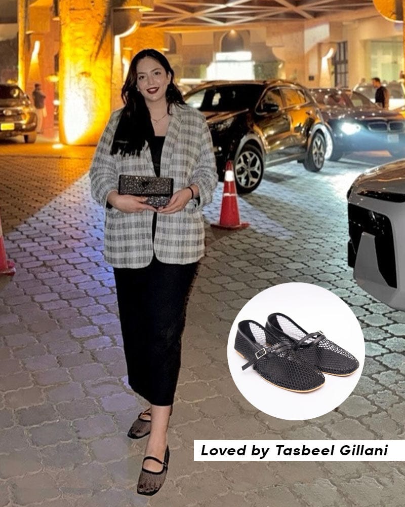 ZARA FISHNET BALLET FLAT PUMPS - BLACK