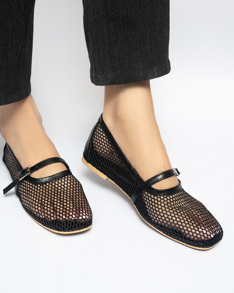 ZARA FISHNET BALLET FLAT PUMPS - BLACK