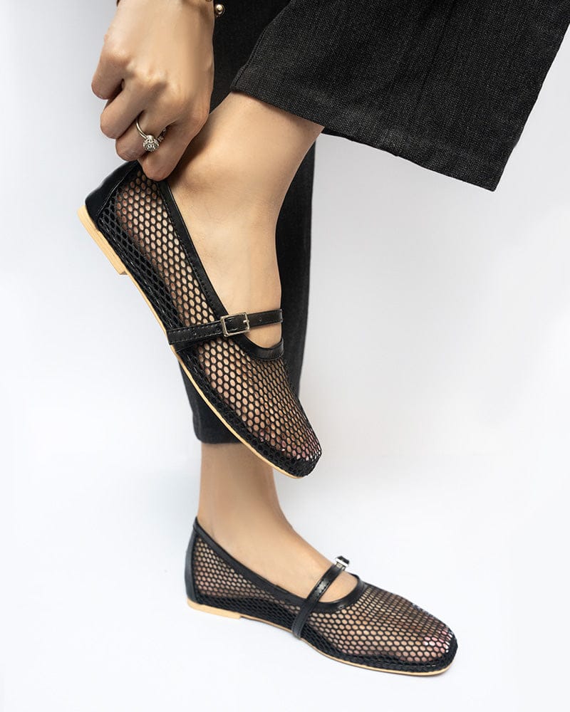 ZARA FISHNET BALLET FLAT PUMPS - BLACK