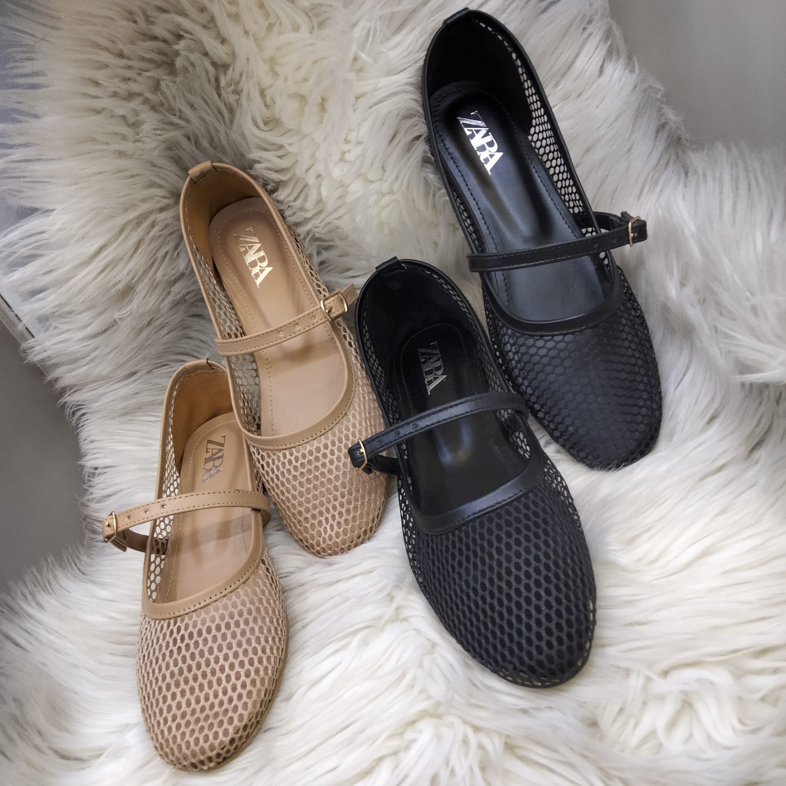 ZARA FISHNET BALLET FLAT PUMPS - BLACK