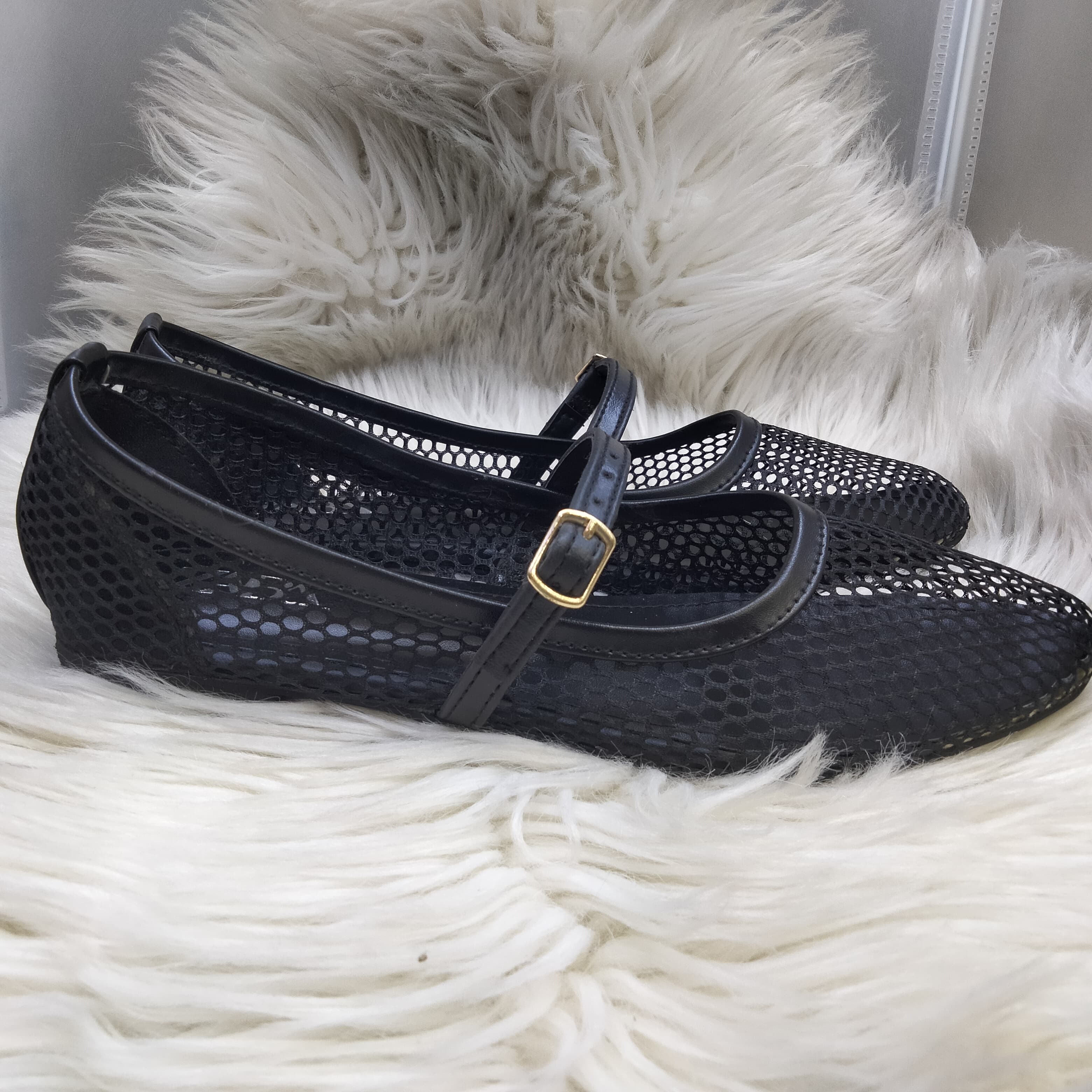 ZARA FISHNET BALLET FLAT PUMPS - BLACK