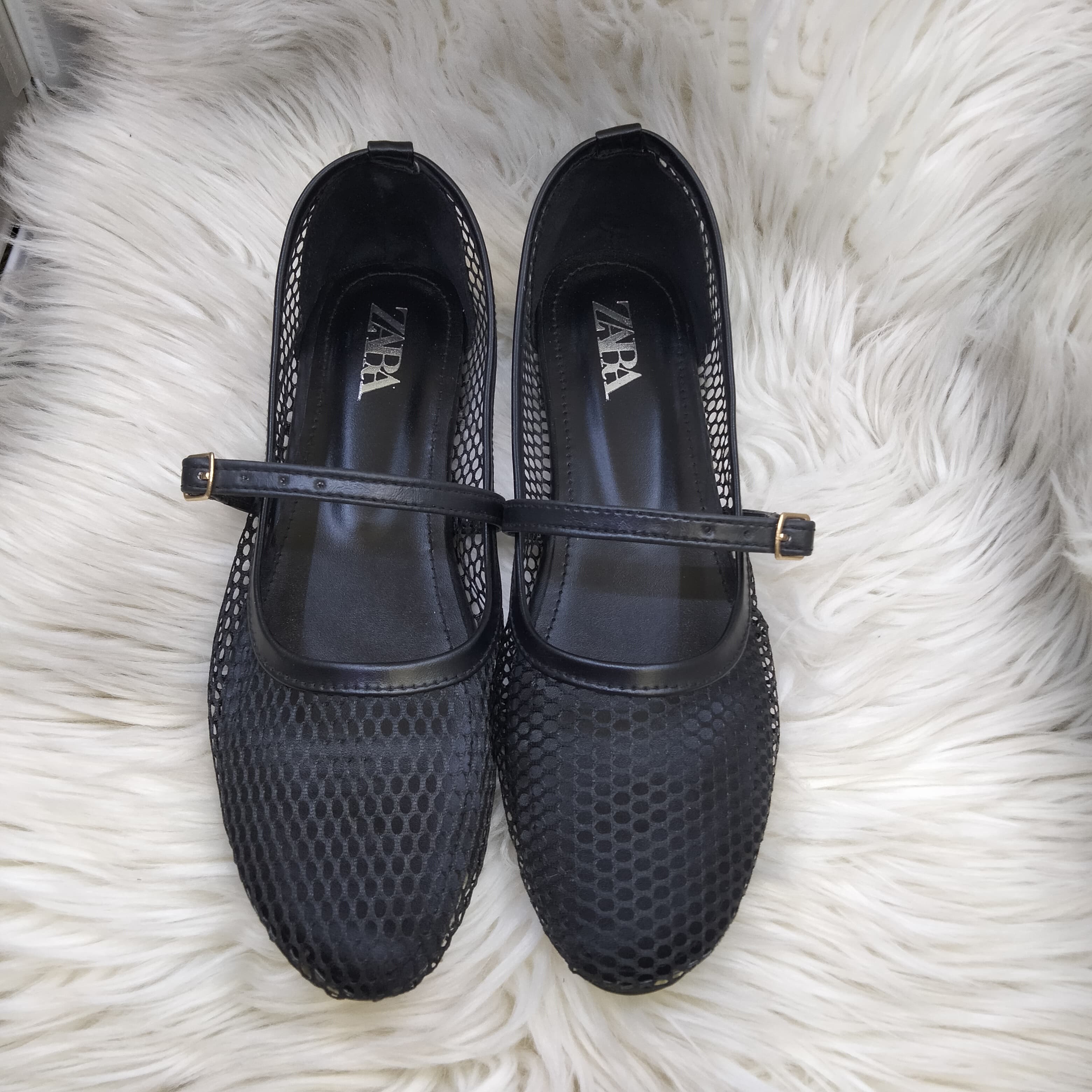 ZARA FISHNET BALLET FLAT PUMPS - BLACK