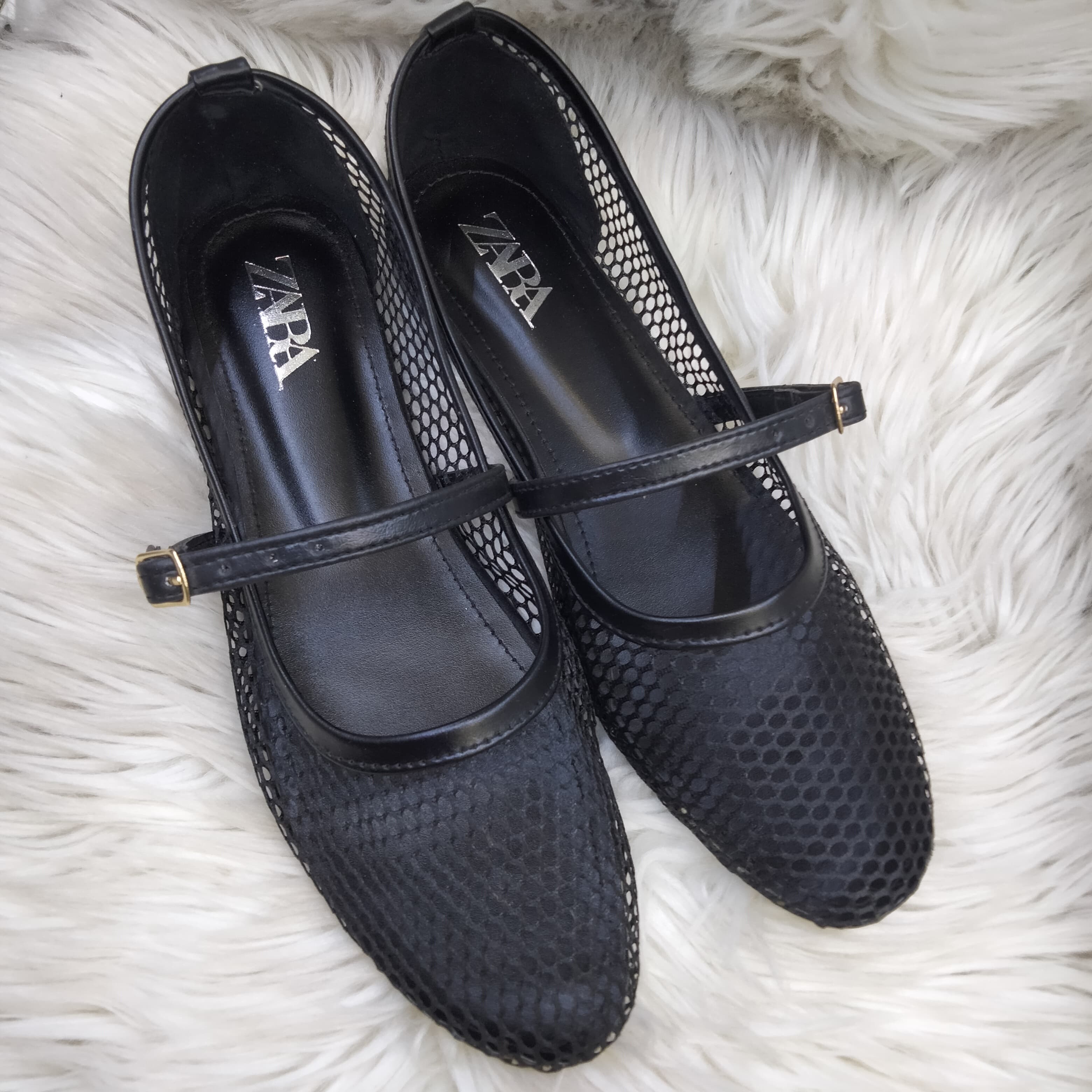 ZARA FISHNET BALLET FLAT PUMPS - BLACK