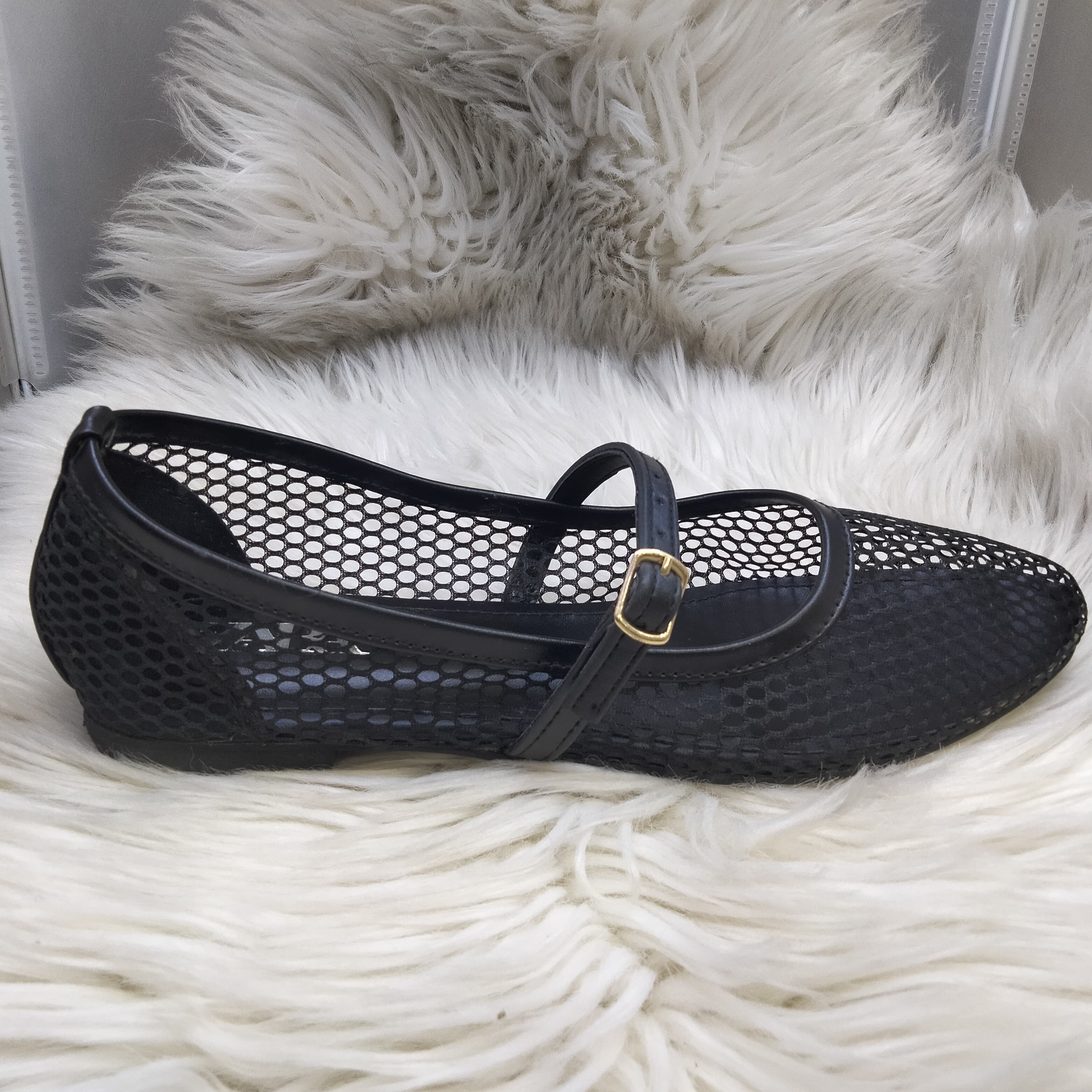 ZARA FISHNET BALLET FLAT PUMPS - BLACK