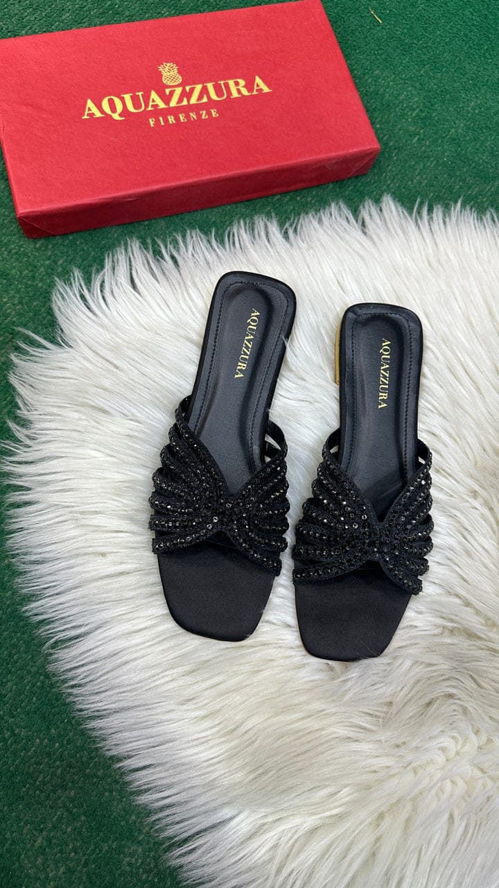 AQUAZZURA ELENA RHINESTONE FLAT SANDALS - BLACK