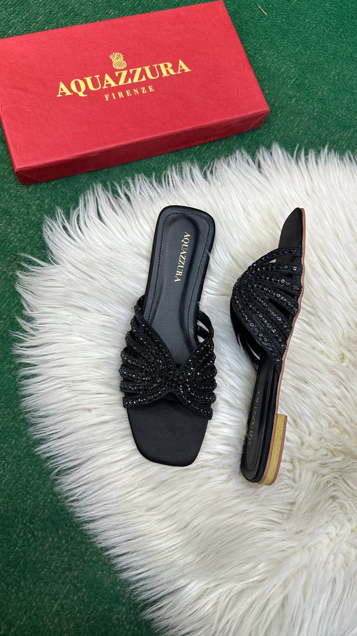 AQUAZZURA ELENA RHINESTONE FLAT SANDALS - BLACK