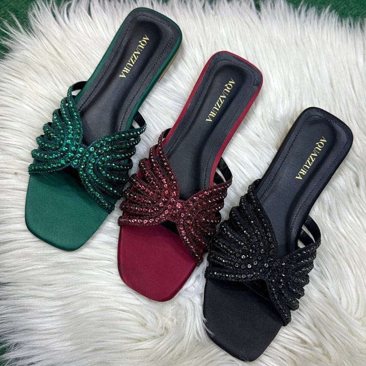 AQUAZZURA ELENA RHINESTONE FLAT SANDALS - BLACK