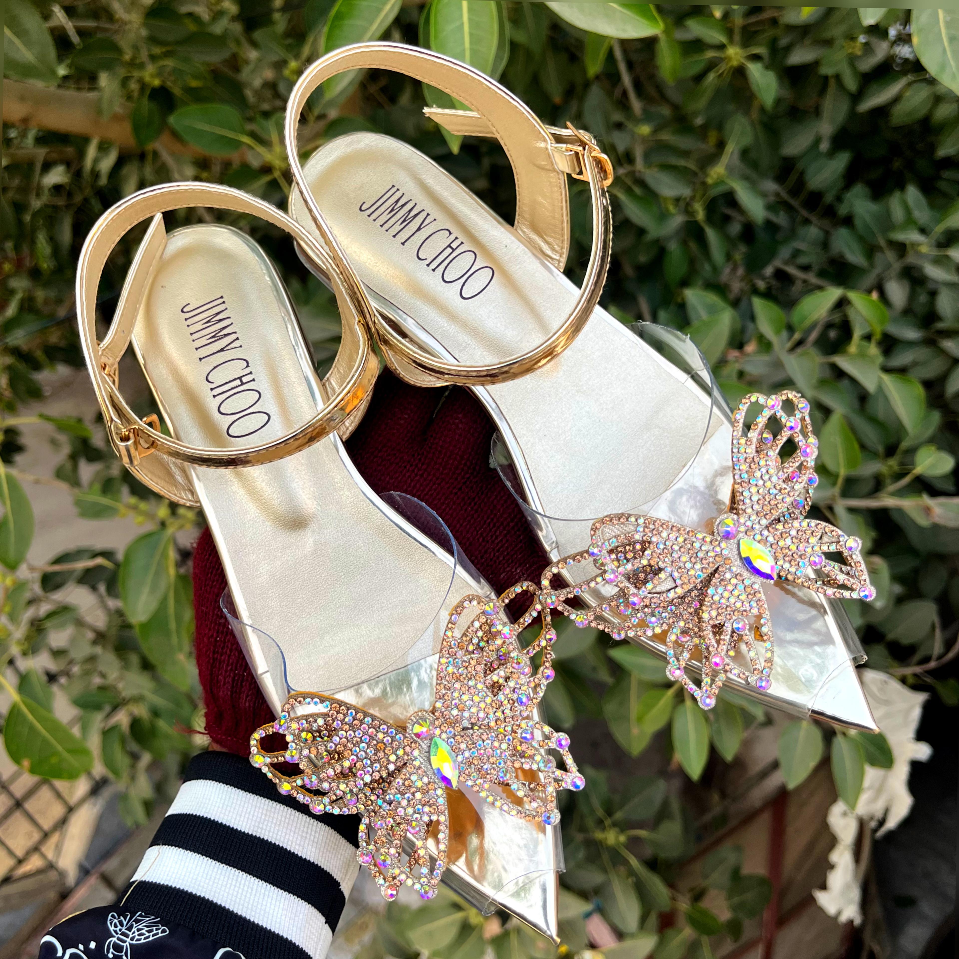JIMMY CHOO RHINESTONE BUTTERFLY FLAT SANDALS - GOLD