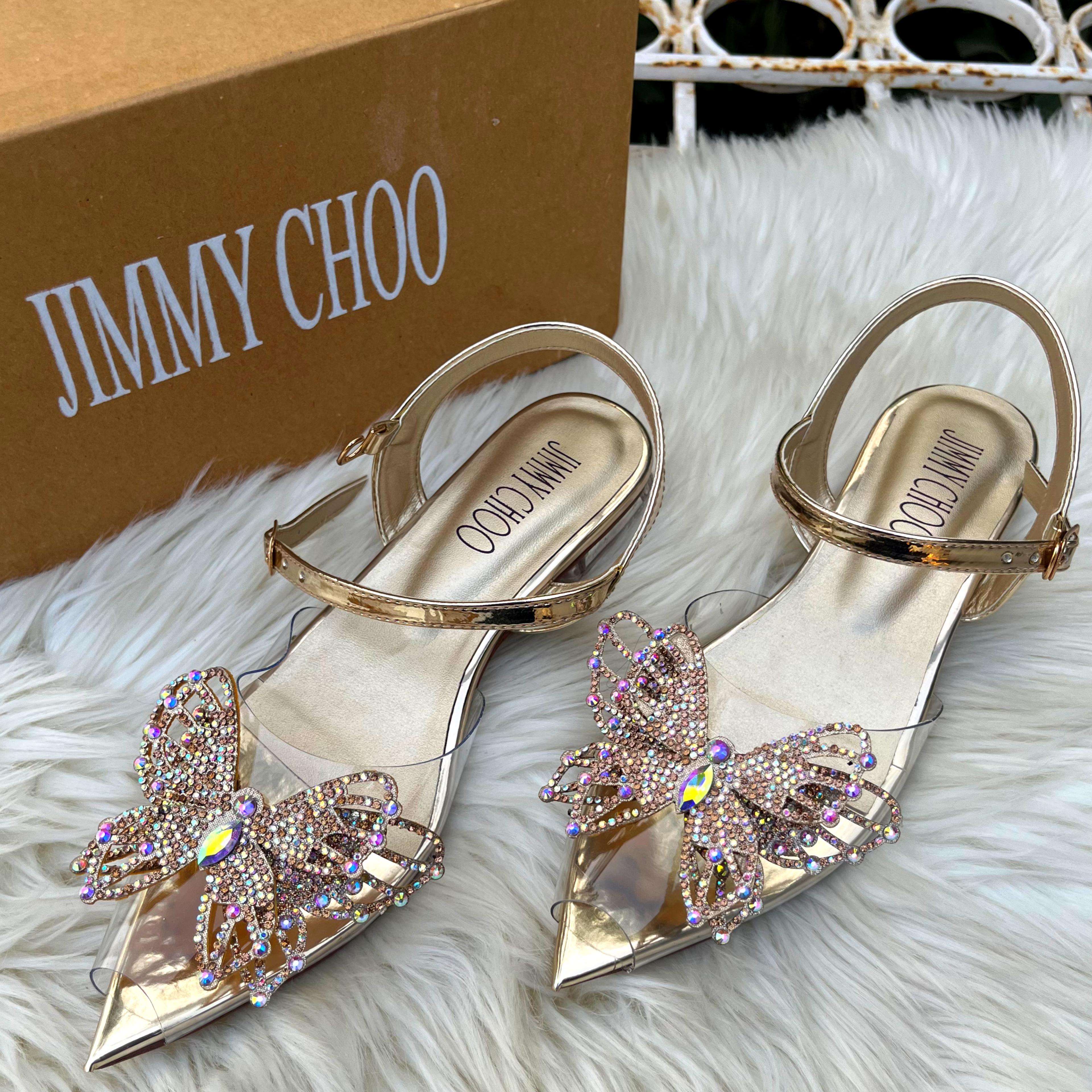 JIMMY CHOO RHINESTONE BUTTERFLY FLAT SANDALS - GOLD