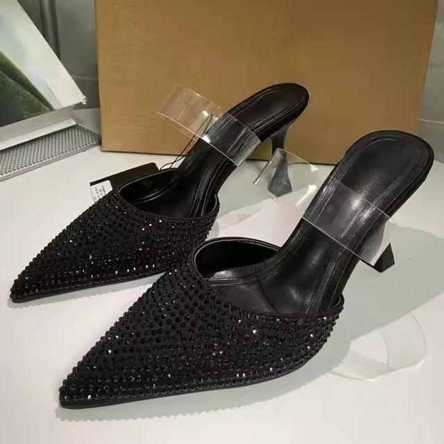 ZARA TRANSPARENT STRAP STONE HEEL - BLACK