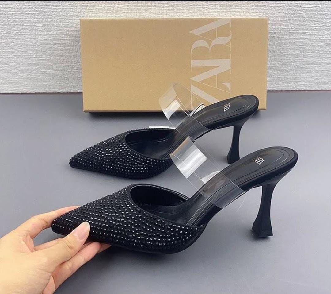 ZARA TRANSPARENT STRAP STONE HEEL - BLACK