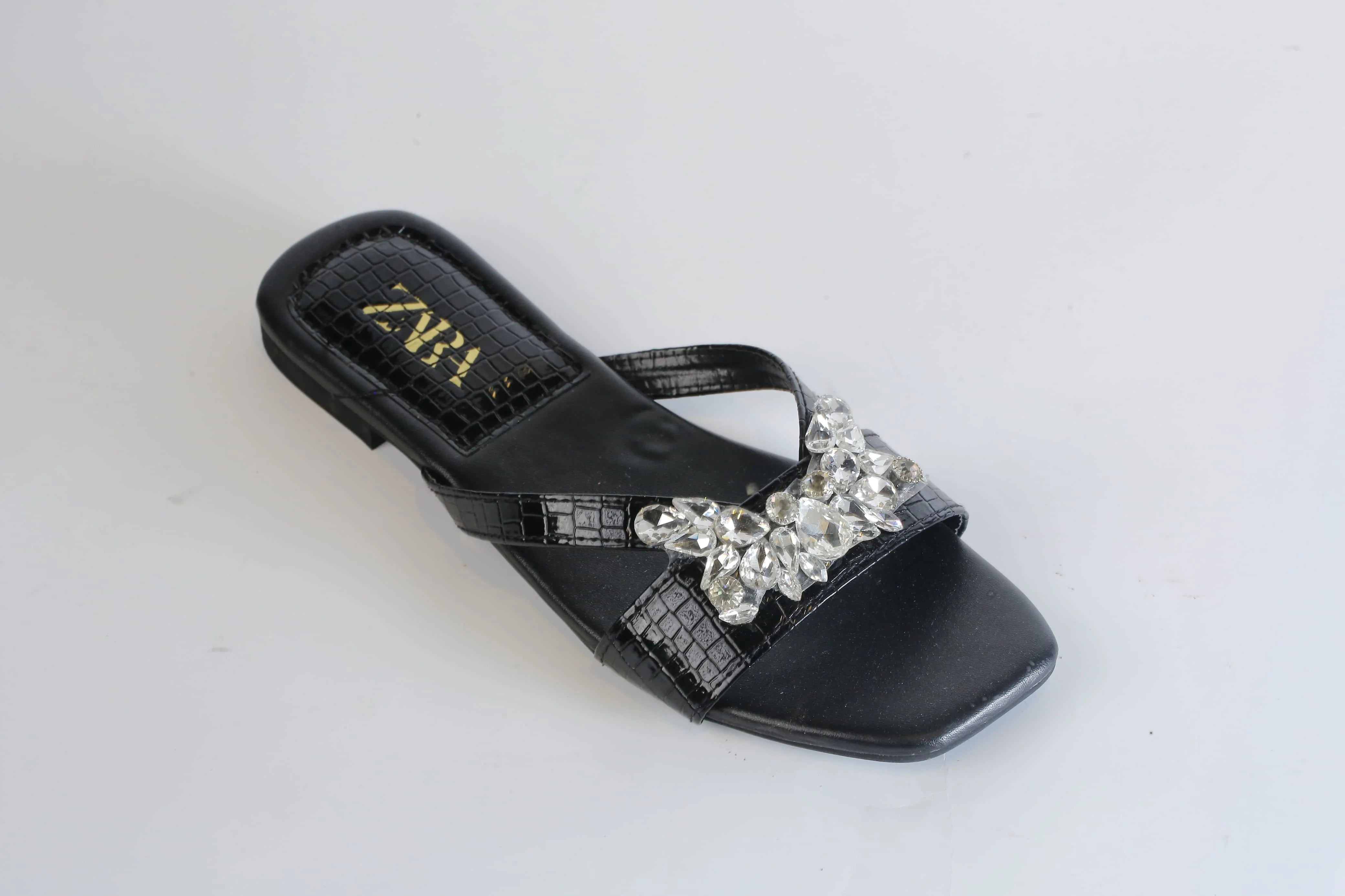 ZARA CRYSTAL FLAT SANDALS - BLACK
