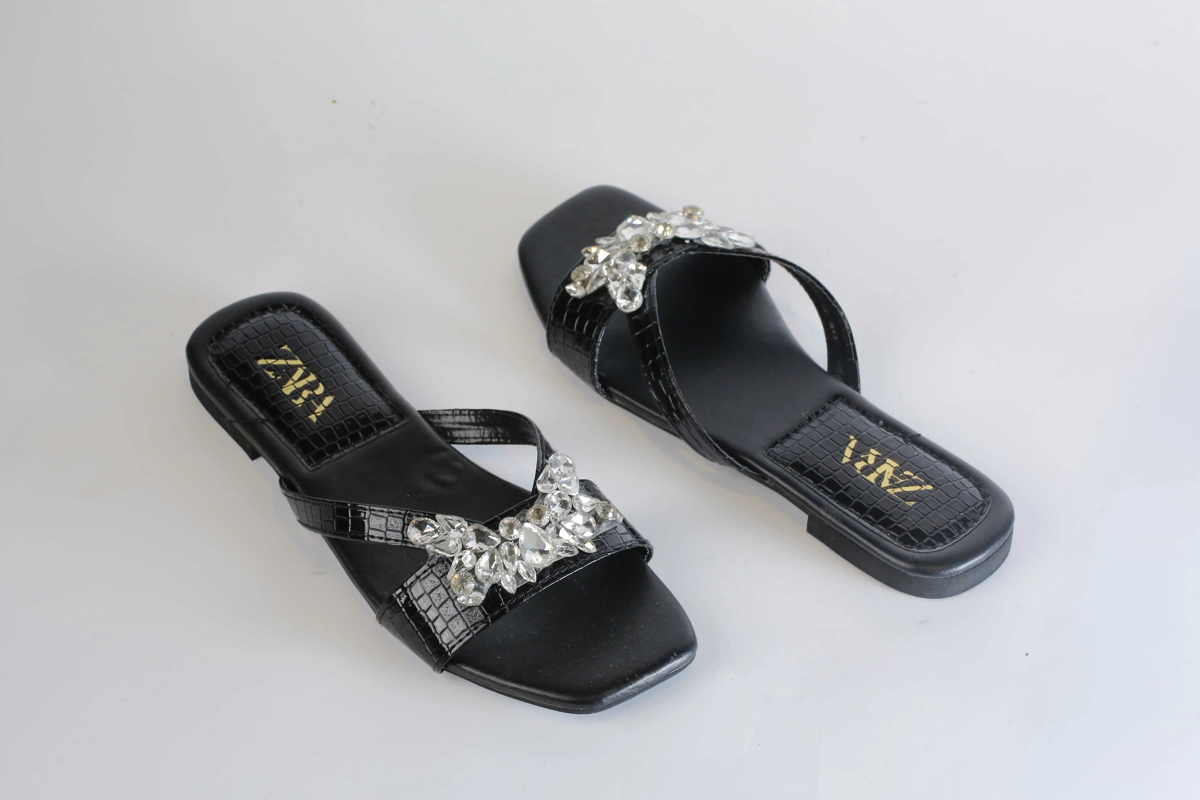 ZARA CRYSTAL FLAT SANDALS - BLACK