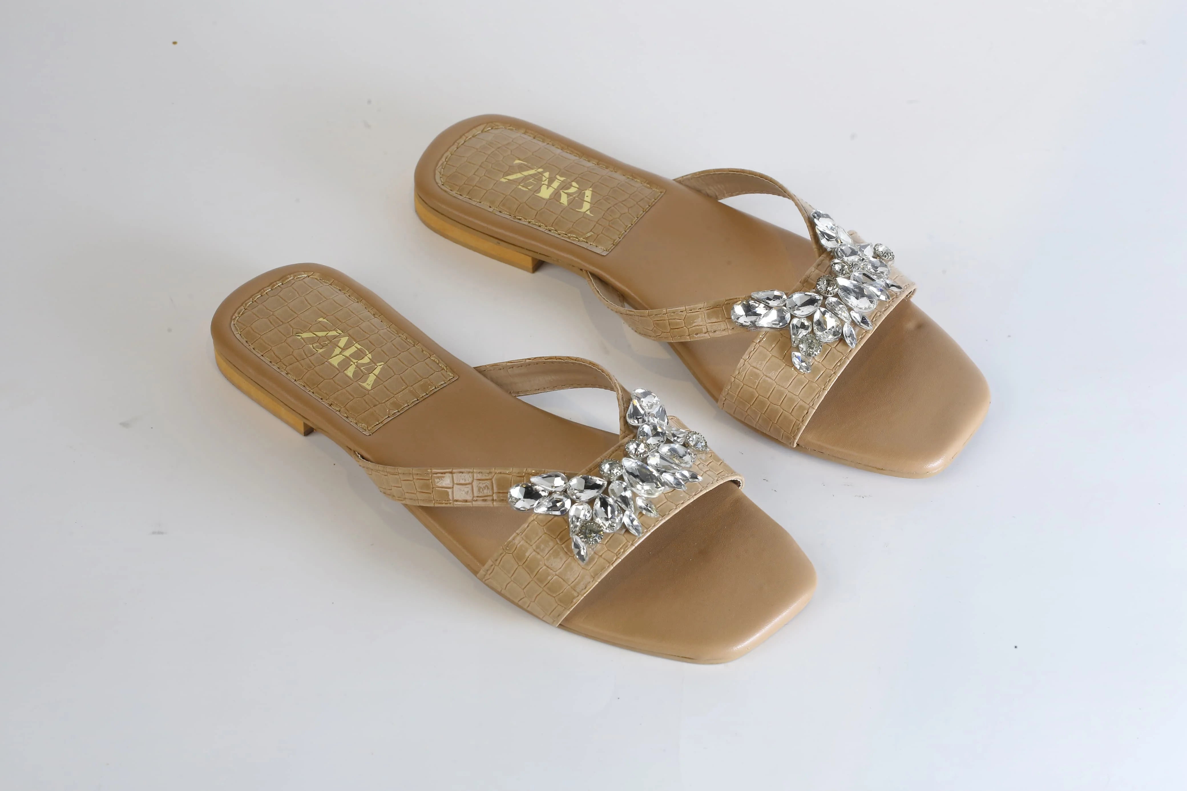 ZARA CRYSTAL FLAT SANDALS - BEIGE