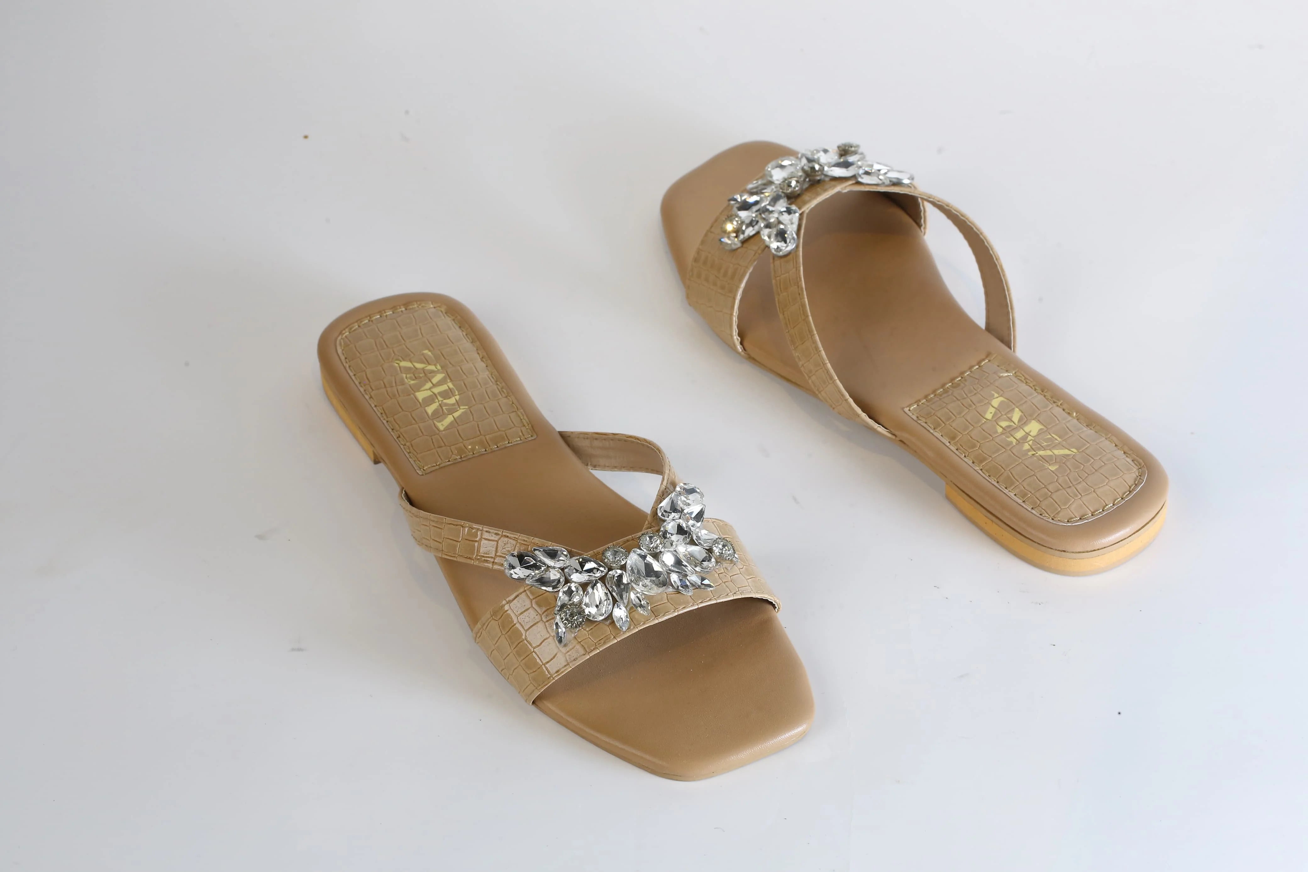 ZARA CRYSTAL FLAT SANDALS - BEIGE
