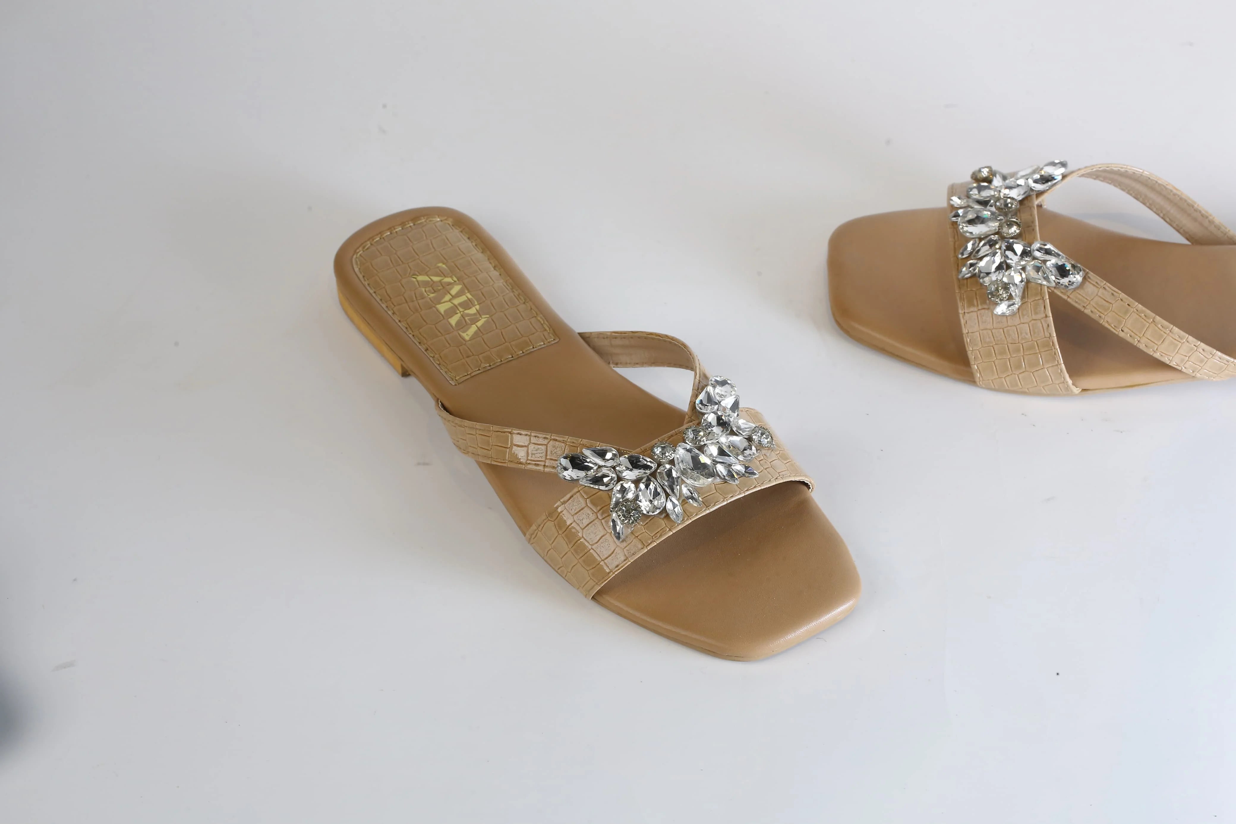 ZARA CRYSTAL FLAT SANDALS - BEIGE