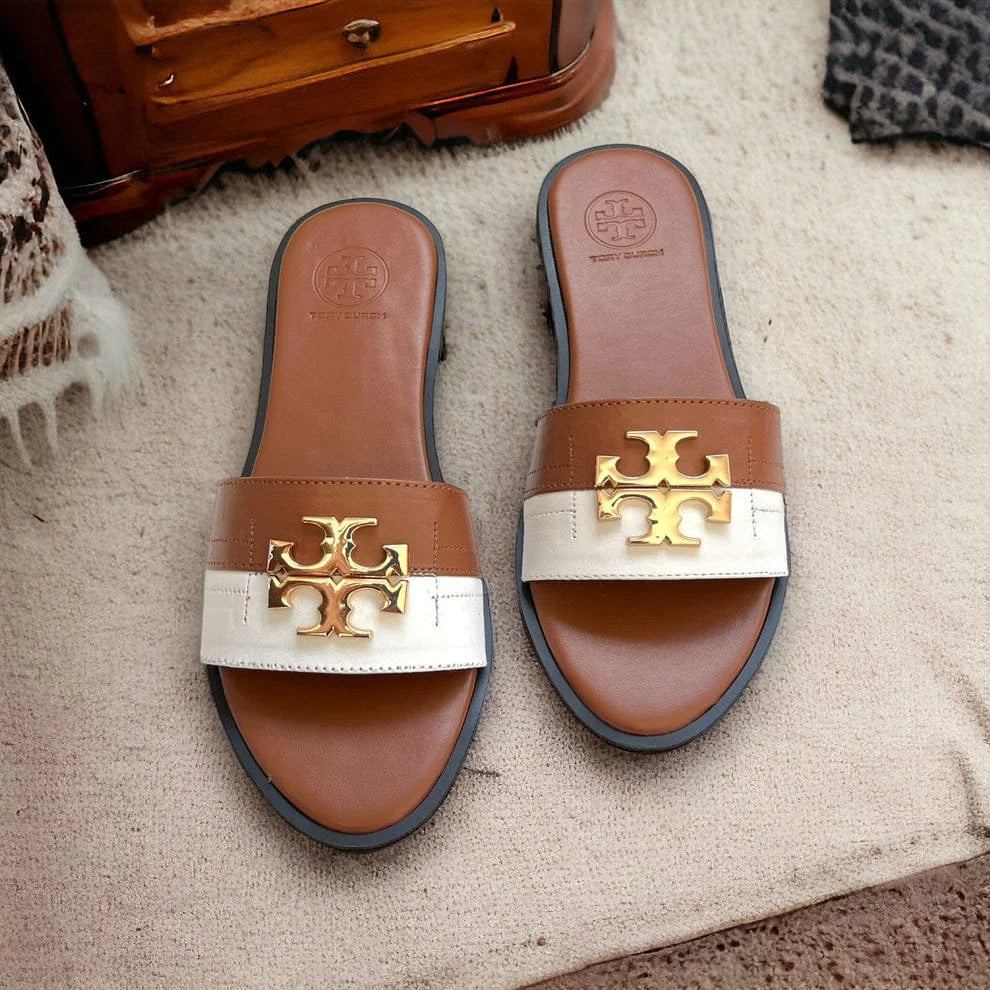 TB CASUAL SLIDES - BROWN & WHITE
