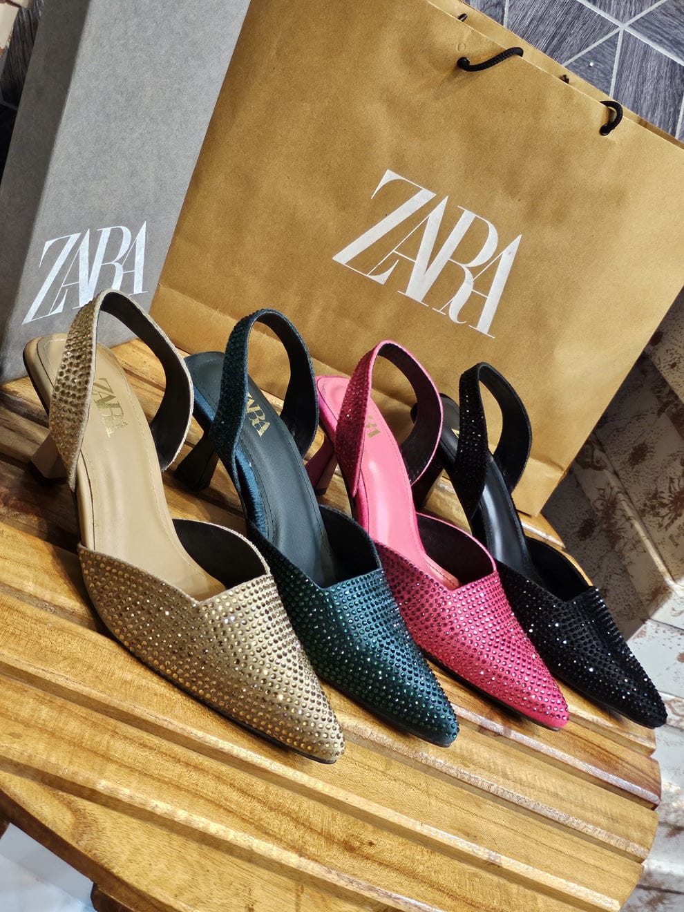ZARA STONE EMBELLISHED KITTEN HEELS - GOLD
