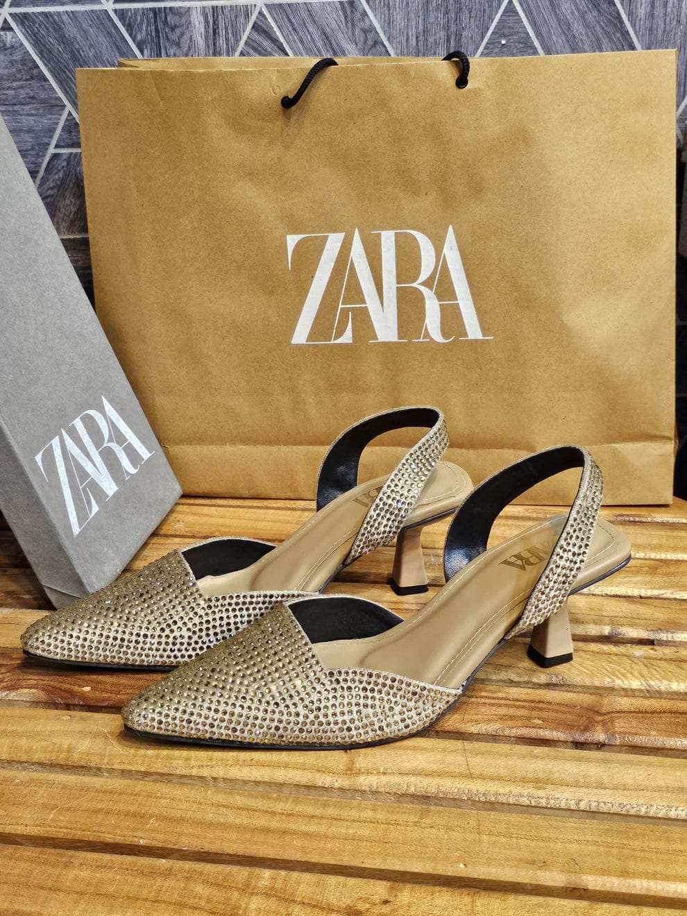 ZARA STONE EMBELLISHED KITTEN HEELS - GOLD