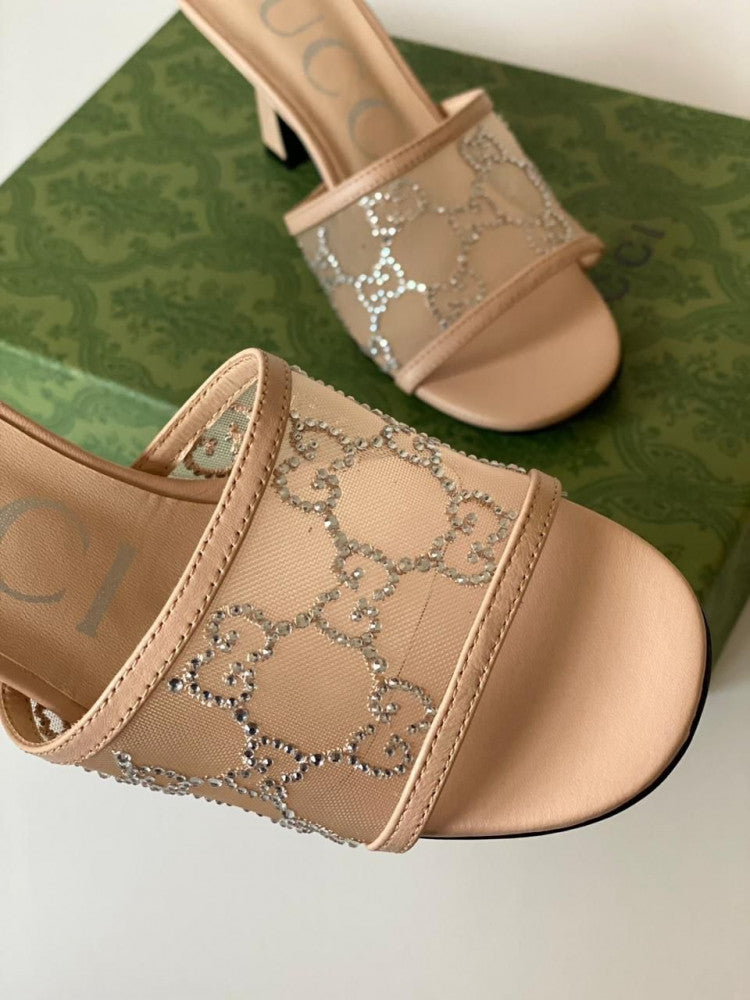 GG-Mid heel slide sandal - BEIGE