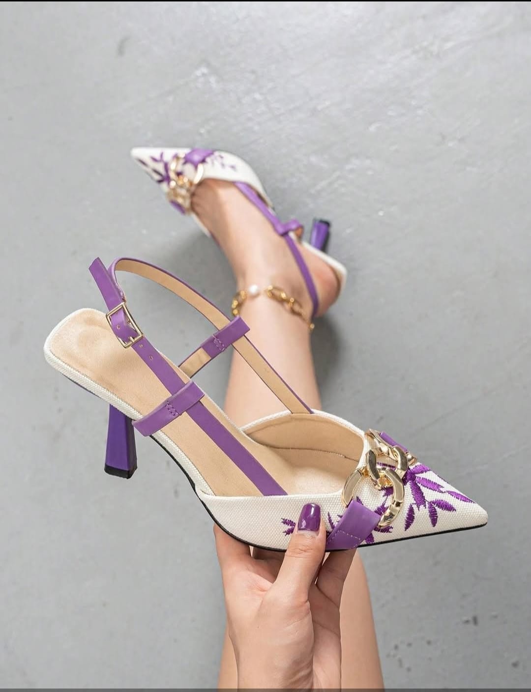 ZARA PURPLE Floral Embroidered Chain Slingback Heels