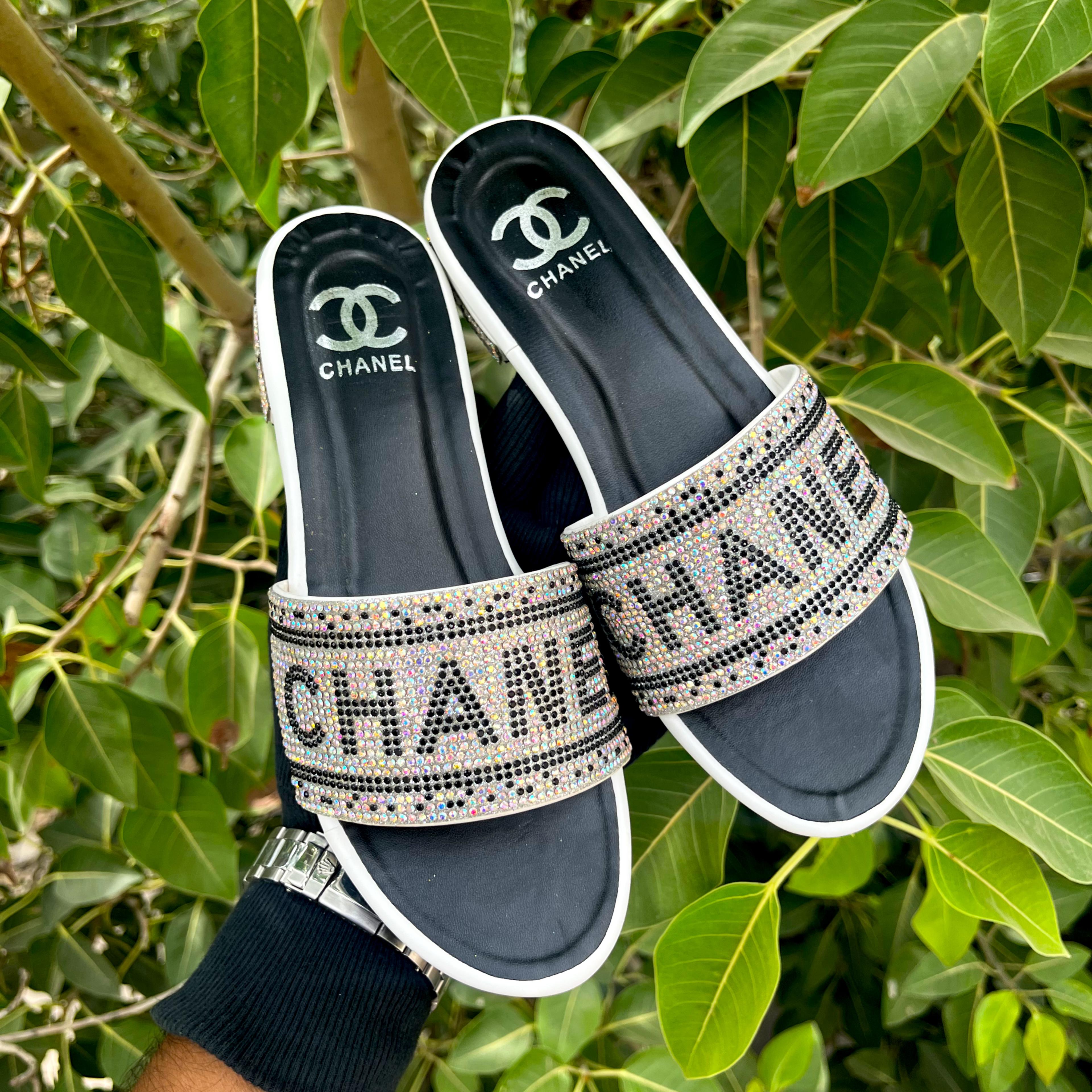 CHANEL STONE SLIDES BLACK & WHITE