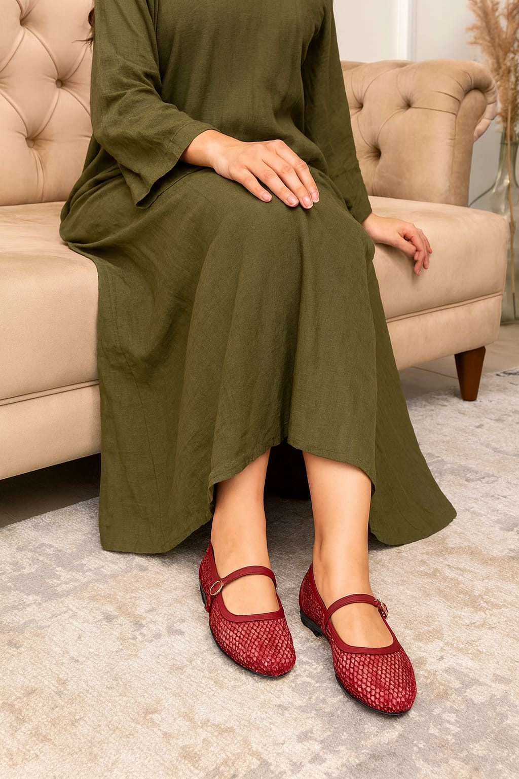 ZARA FISHNET BALLET FLAT PUMPS - MAROON