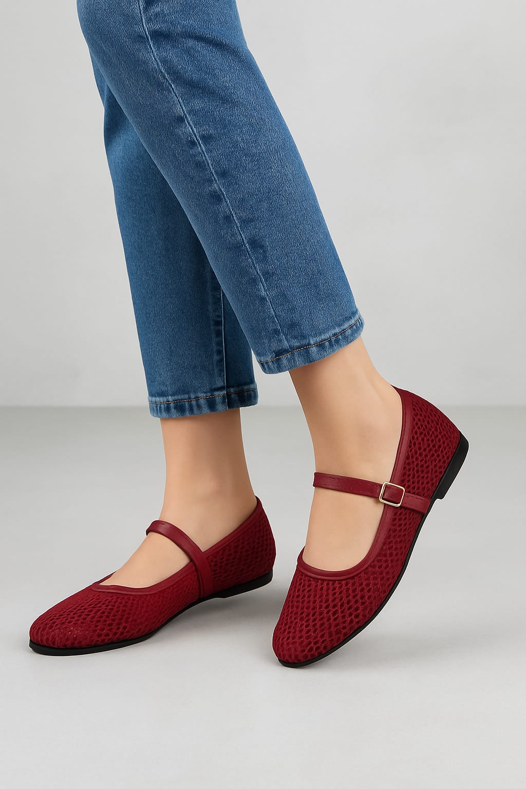 ZARA FISHNET BALLET FLAT PUMPS - MAROON