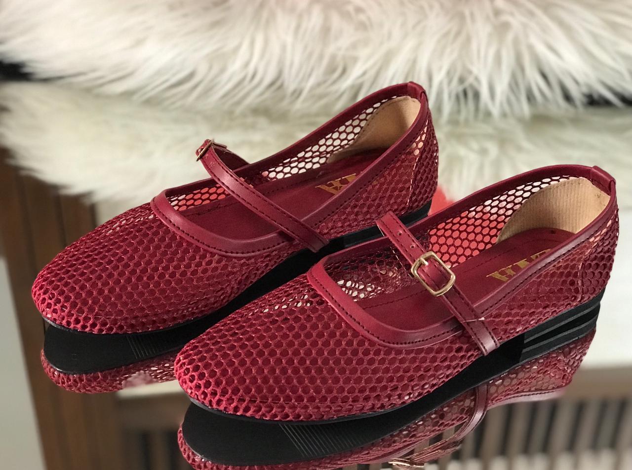 ZARA FISHNET BALLET FLAT PUMPS - MAROON